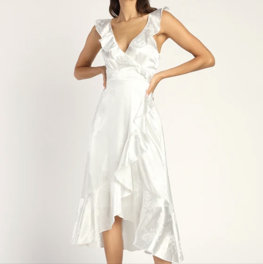 Lulus Gorgeous Glow White Satin Floral Jacquard Faux-Wrap Midi Dress Size XL
